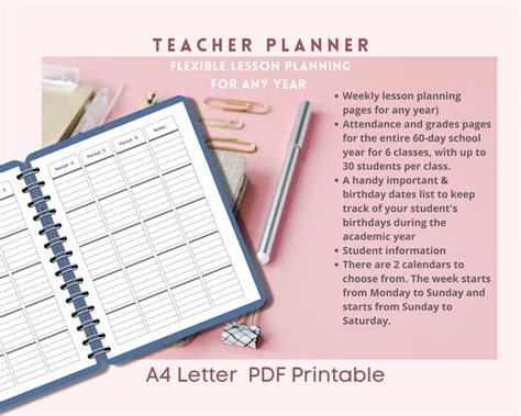 Teacher Planner Calendar Printable Flexible Academic Year - Etsy