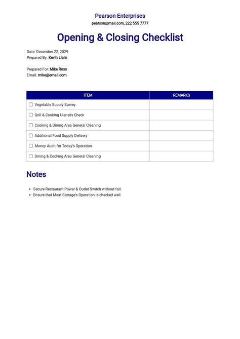 Cleaning Checklist Opening And Closing Checklist Template