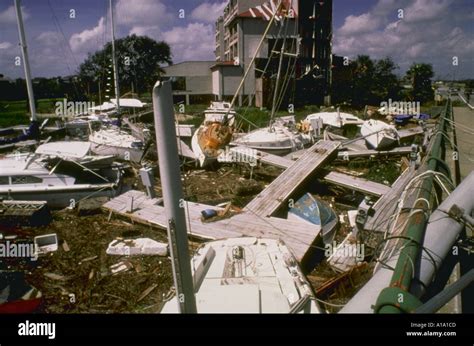 Damage done by Hurricane Hugo to boats and buildings Stock Photo - Alamy