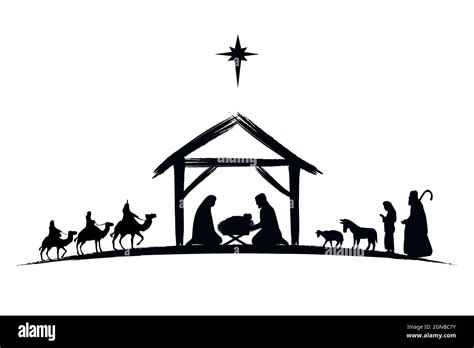 Nativity scene silhouette Jesus in manger, shepherd and wise men ...