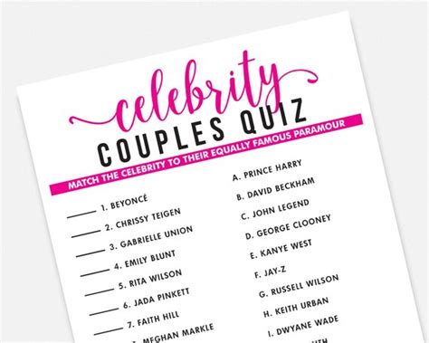 Celebrity Couples Quiz Printable Match Game Party Game | Etsy