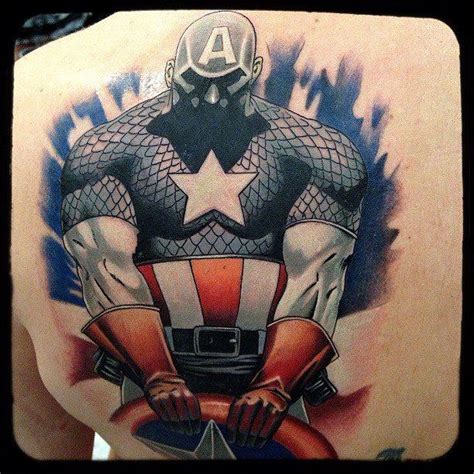 Large 3D Captain America Shield Tattoo On The Back