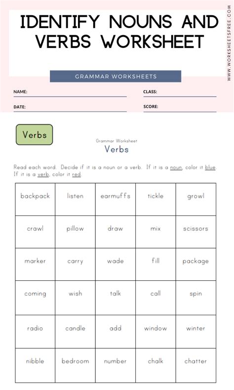 Identify Nouns and Verbs Worksheet | Worksheets Free