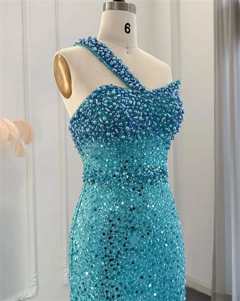 One Shoulder Turquoise Blue Sequin Embellished Evening Party Dress ...