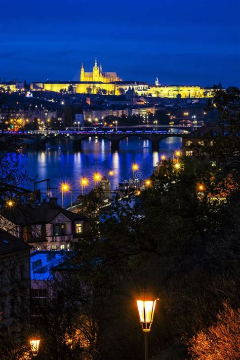 Prague Castle and Vltava River, Night Scene Stock Photo - Image of ...