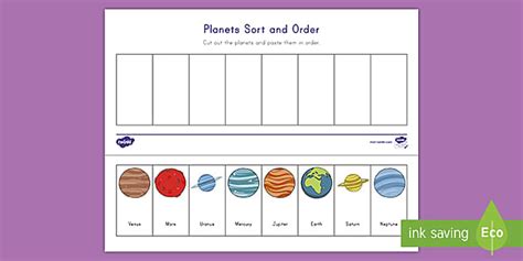 Planets Sort and Order Worksheet for K-2nd Grade - Twinkl