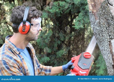 Lumberjack Working with a Chainsaw Stock Image - Image of firewood ...