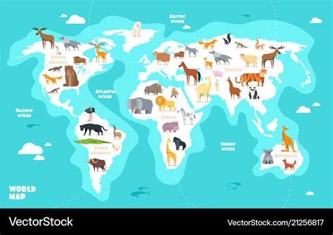 World map with animals earth discovery funny kids Vector Image