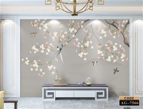 Modern New China Flower and Bird Mural TV Background Wallpaper Luxury ...