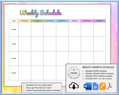 EDITABLE Weekly Schedule Template, WORD, Google Docs, Apple Pages ...