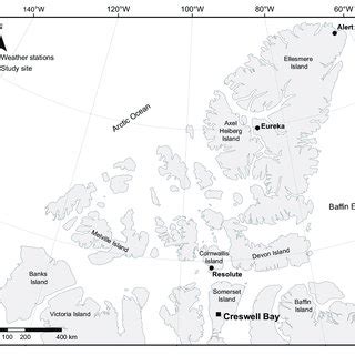 Map of Canadian Arctic Islands showing the study site and weather ...