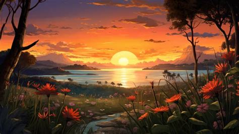 Premium AI Image | a painting of a sunset over a lake