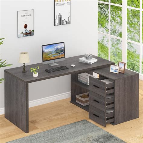 Buy HSH L Shaped Desk with Drawers, Shape Computer Storage Cabinet ...