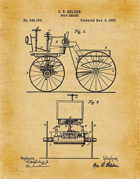 1895 Selden Automobile Patent Print, 1st US Automobile Patent, George ...