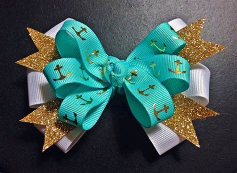 Layered hair bow mint/turquoise with gold foil anchors and gold sparkle ...