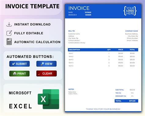 Excel Invoice Template, Automated Invoice Spreadsheet, Editable Invoice ...