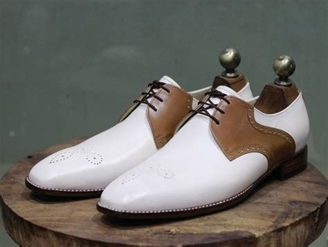 Men's Handmade Formal Shoes White Brown Leather Stylish Lace Up Dress ...