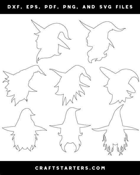 Witch Face Outline Patterns: DFX, EPS, PDF, PNG, and SVG Cut Files