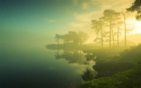 HD wallpaper: Beautiful dawn scenery, trees, lake, mist, sunrise ...