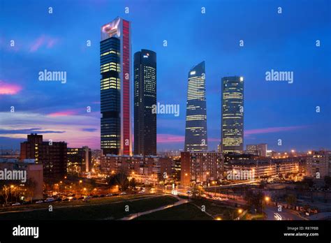 Madrid Four Towers financial district skyline at twilight in Madrid ...