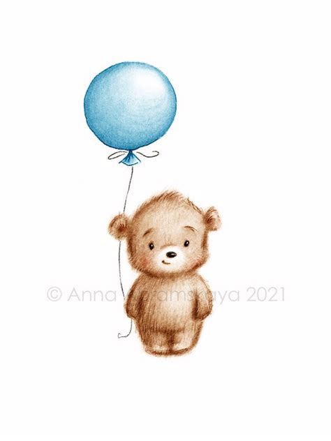 The Drawing of Cute Teddy Bear With Blue Balloon. Printable | Etsy