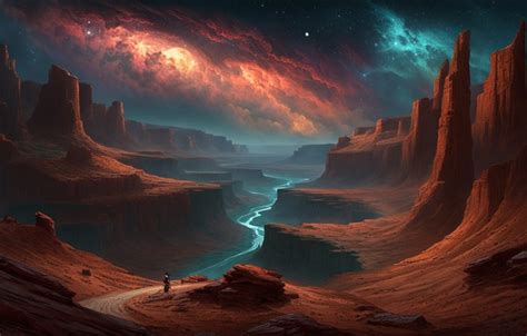 Wallpaper river, sky, landscape, art, mountains, stars, canyon for ...