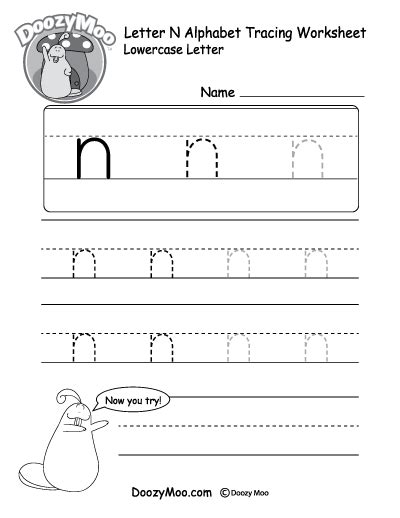 Lowercase Letter "n" Tracing Worksheet - Doozy Moo