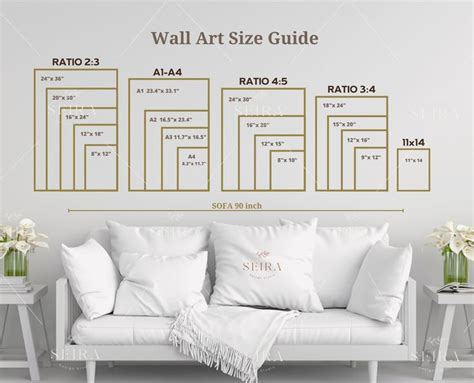 the wall art size guide for sofas and loveseat in white with gold trim