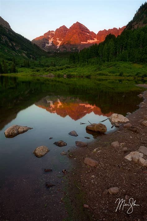 Maroon Bells Summer Sunrise Reflection - Maroon Lake, Aspen, Colorado