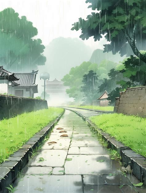 Premium Photo | Anime scenery of a rainy day with a path and a building ...