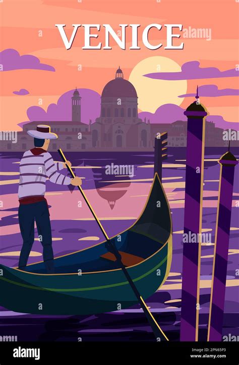 Venice Italia Poster retro style. Sunset Grand Canal, gondolier ...