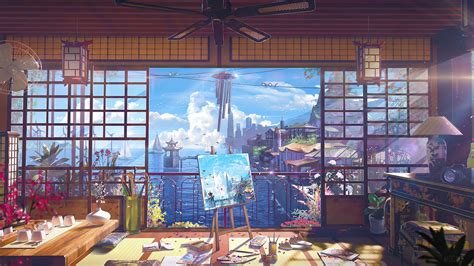 City, Sea, Anime, Scenery, Digital Art 4k HD Wallpaper