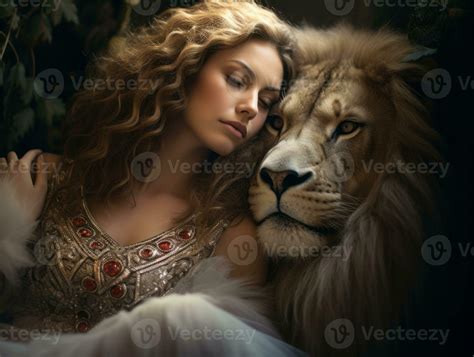 a beautiful woman with long hair is hugging a lion generative ai ...