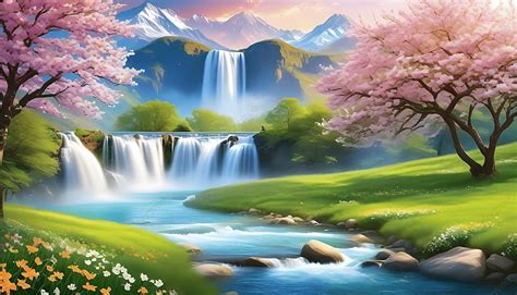 Beautiful Spring Nature Wallpaper Background, Mountain Waterfalling ...