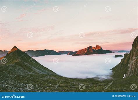 Sunset Mountains Valley Clouds Landscape in Norway Stock Image - Image ...