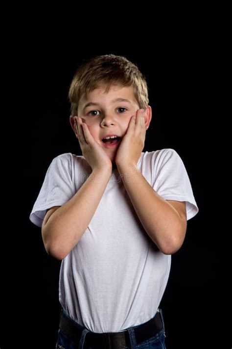 People`s Emotions. Surprised Boy Portrait With Palms Holding On The ...