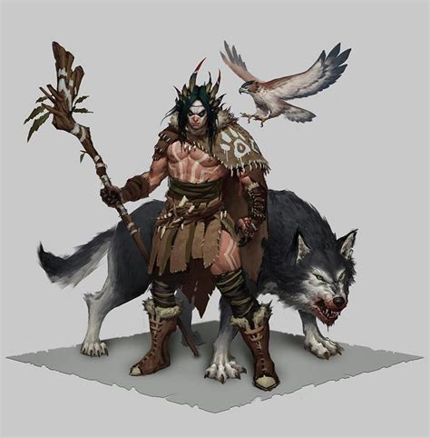 an image of a man that is standing next to a wolf and holding a stick