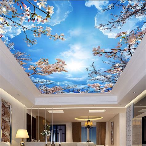 Custom Wallpaper Sky Clouds Cherry Blossoms Ceiling Mural | BVM Home