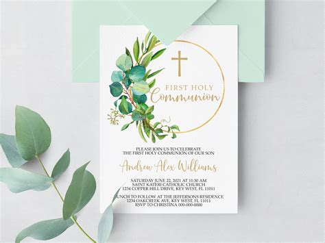 Greenery First Holy Communion Invitation EDITABLE Template | Etsy