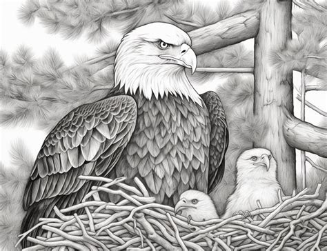 Premium Photo | A drawing of a bald eagle and its baby in a nest ...