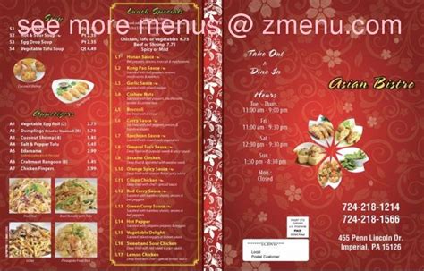 Menu at Asian Bistro restaurant, Imperial