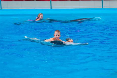 Happy Little Kids Swimming with Dolphins in Dolphinarium Stock Image ...