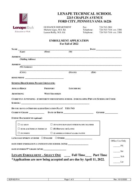 ENROLLMENT APPLICATION Lenape Technical School Form - Fill Out and Sign ...