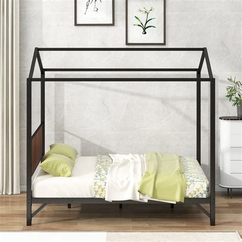 IGEMAN Industrial Sleek Metal House Platform Bed with Bar Headboard ...