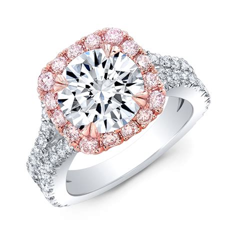 2ct. Round cut Natural Diamond Pink Halo Curved Split Shank Engagement ...