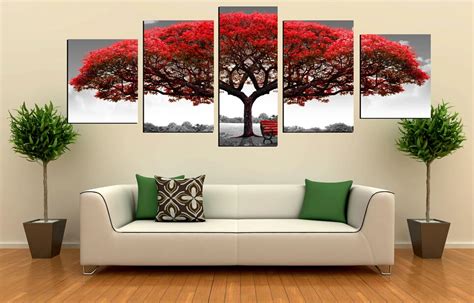 Unframed 5 Panels Large Red Tree Painting Modern Home Wall Decor For ...