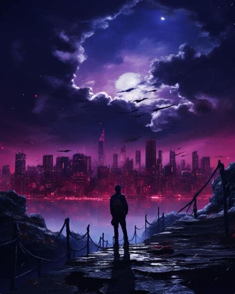 Premium AI Image | anime city skyline with a man standing on a dock ...