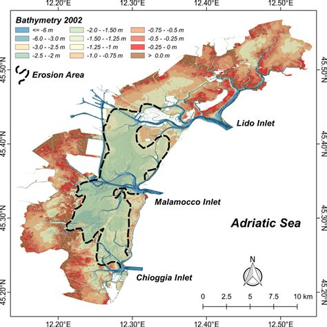 Bathymetric map of the Lagoon of Venice. Colour-shaded bathymetric map ...