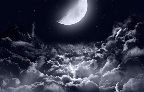 Wallpaper dark, moon, clouds, stars, night sky, moonlight, half moon ...