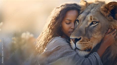 Beautiful African American woman hugging, caring a lion, sunset ...